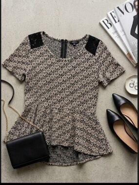 Anthropologie Knitted & Knotted Peplum Top Lace Detail Black Cream L